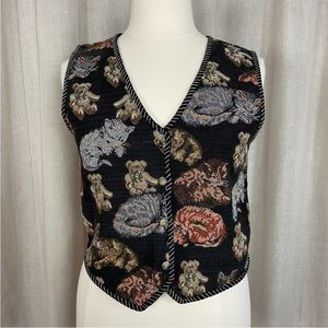Vintage Womens Vest Large Black Brown Cat Teddy Bear Novelty Print Waistcoat